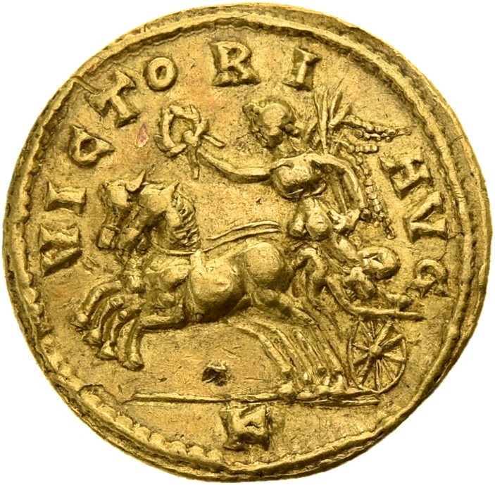 RIC V Carus 116 Carus reverse, Victory, winged, draped, galloping left in biga, holding wreath in right hand and palm in l...