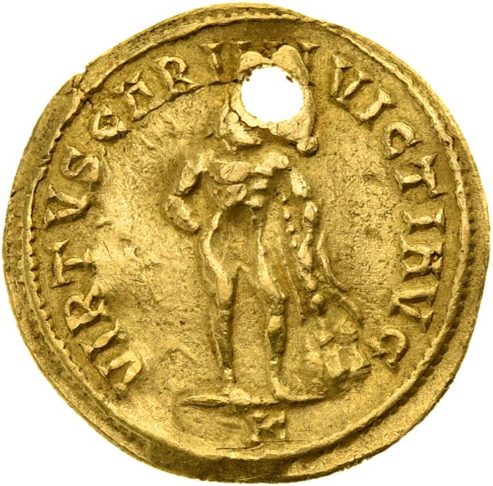 RIC V Carus 117 Carus reverse, Hercules, standing right, leaning on club with lion's skin on rock