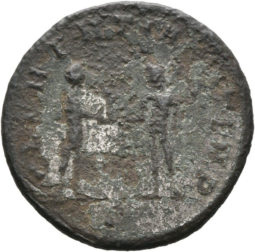 RIC V Carus 118 Carus reverse, Carus, draped, cuirassed, standing right, receiving Victory on globe from Jupiter, standing...