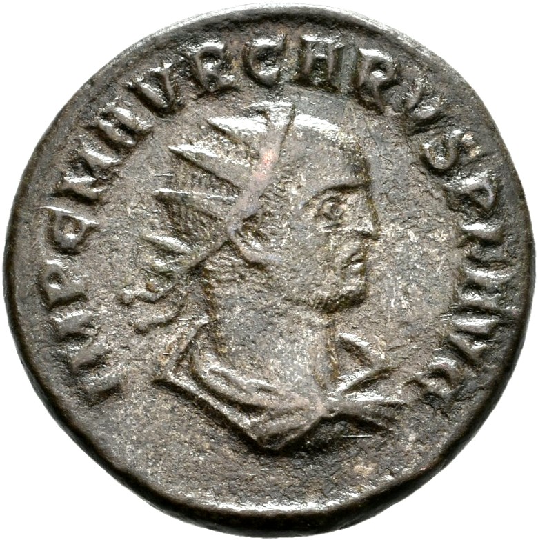 RIC V Carus 118 Carus obverse — Bust of Carus, radiate, draped, right or bust of Carus, radiate, draped, cuirassed, right