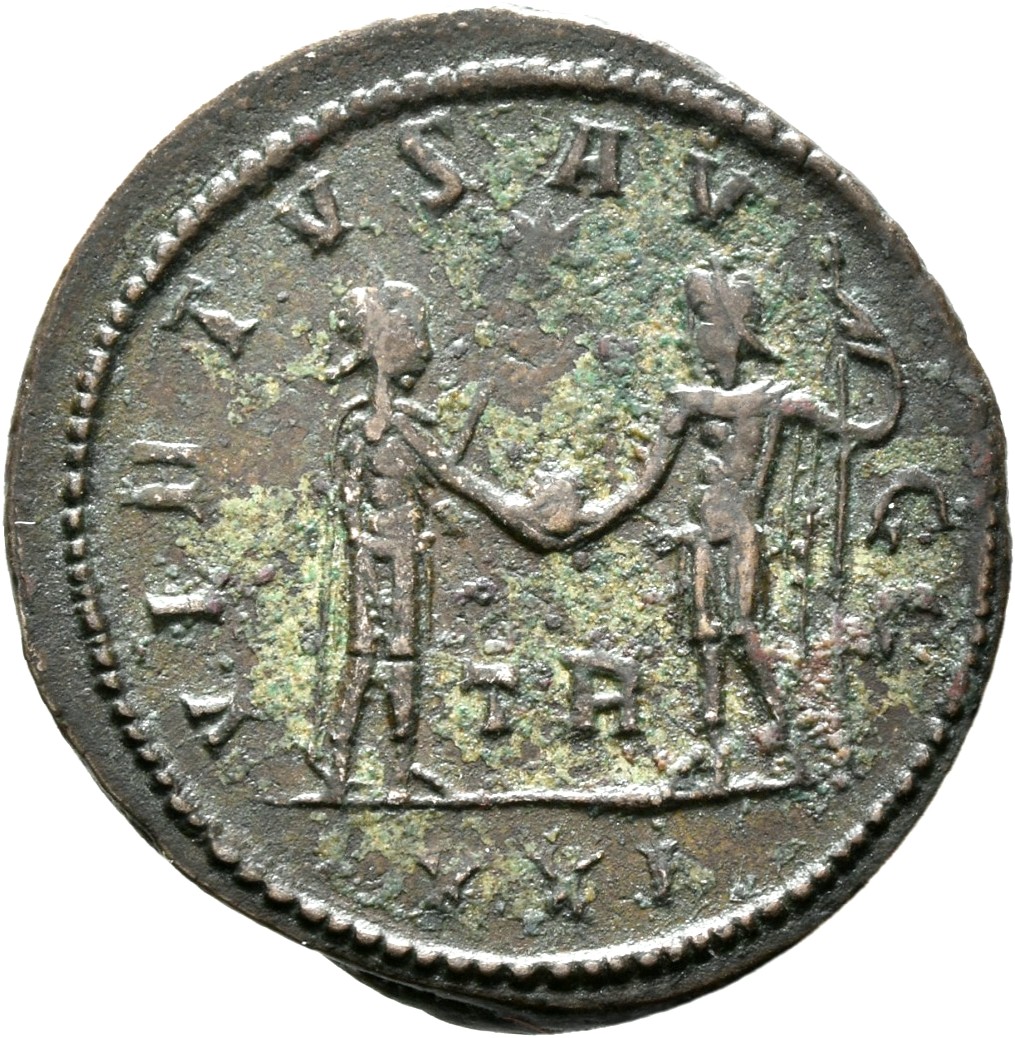 RIC V Carus 128 Carus reverse, Carus, draped, cuirassed, standing right, holding sceptre in right hand and receiving globe...
