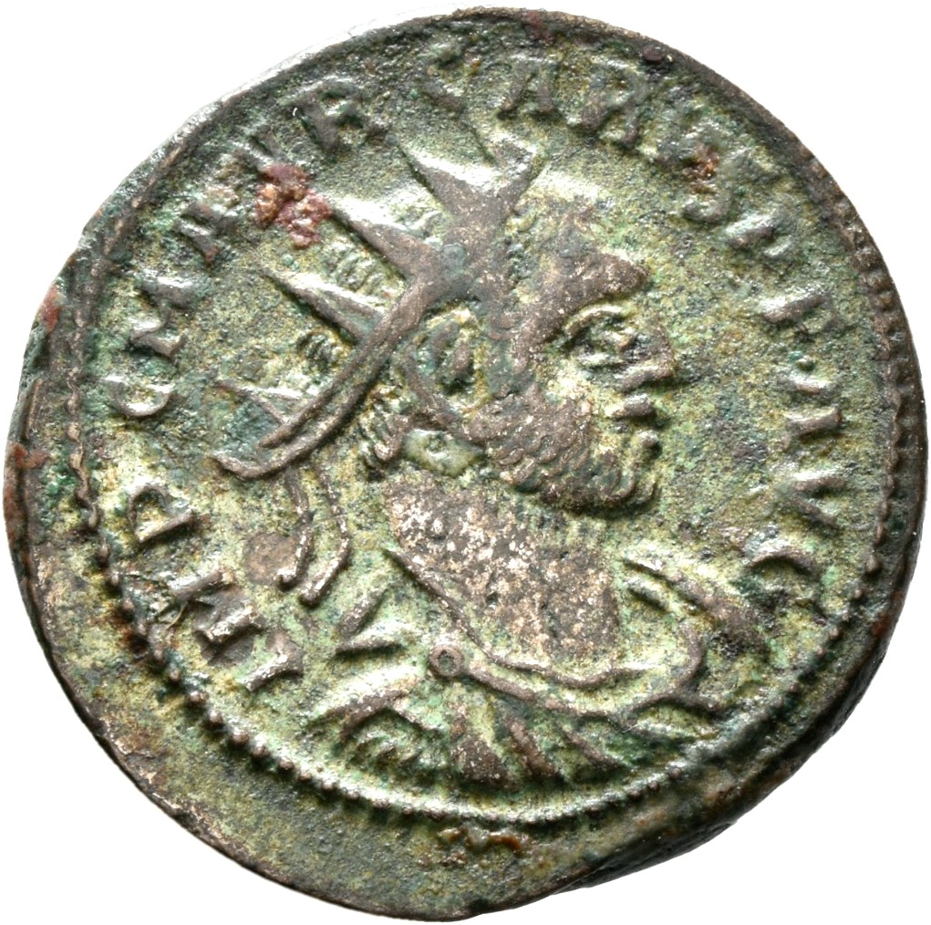 RIC V Carus 128 Carus obverse, Bust of Carus, radiate, draped, right or bust of Carus, radiate, draped, cuirassed, right