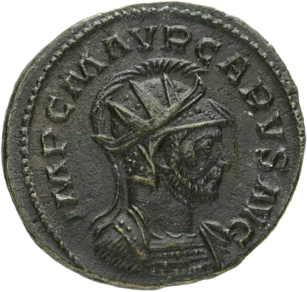 RIC V Carus 13 Carus obverse — Bust of Carus, radiate, draped, right, or bust of Carus, radiate, sometimes helmeted, cuira...
