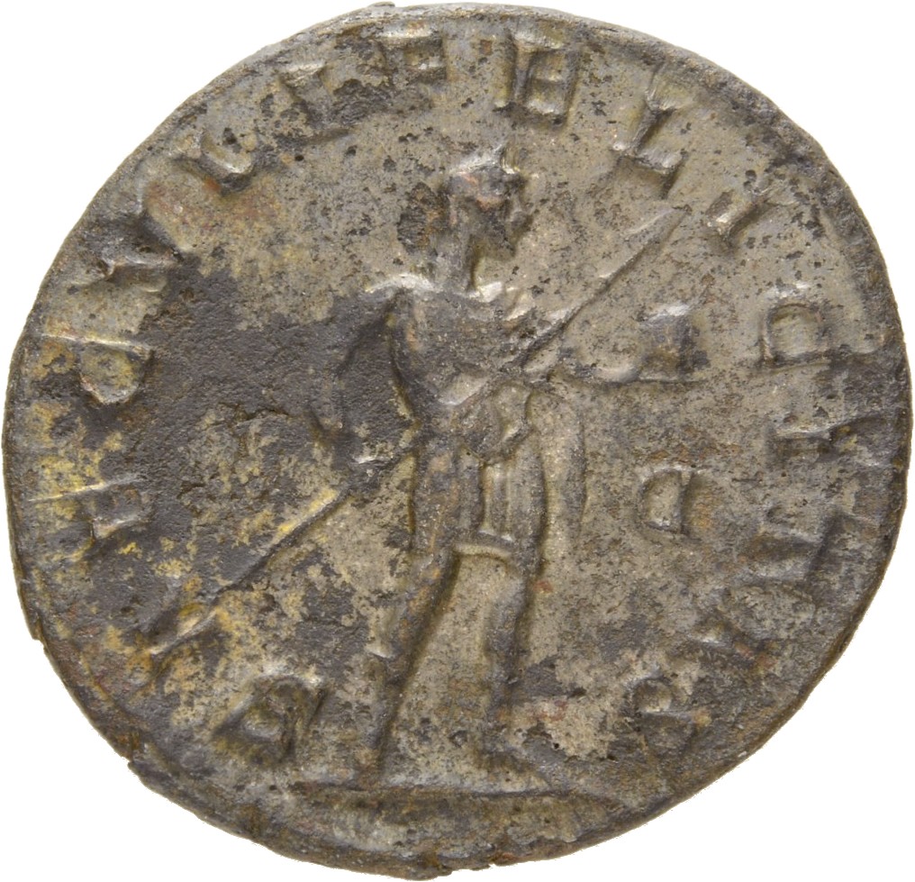 RIC V Carus 152 Carus reverse, Carinus, draped, cuirassed, standing right, holding spear in right hand and globe in left hand