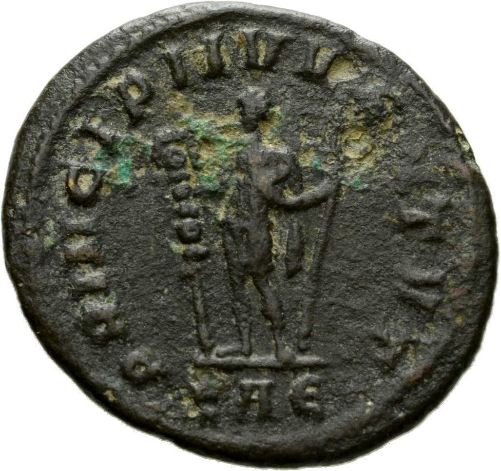 RIC V Carus 158 Carus reverse, Carinus, draped, cuirassed, standing left, holding ensign in right hand and sceptre in left...