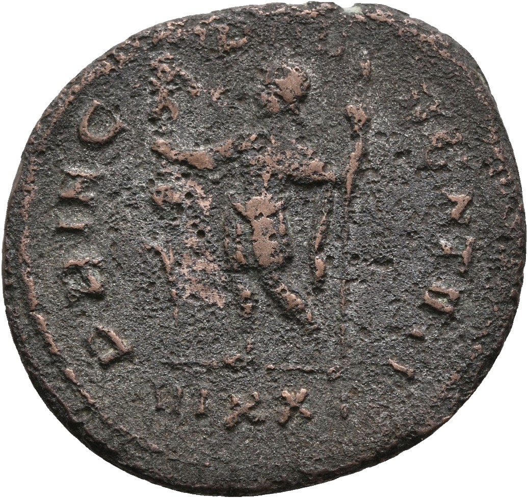 RIC V Carus 177 Carus reverse, Carinus, draped, cuirassed, standing left, holding ensign in right hand and sceptre in left...