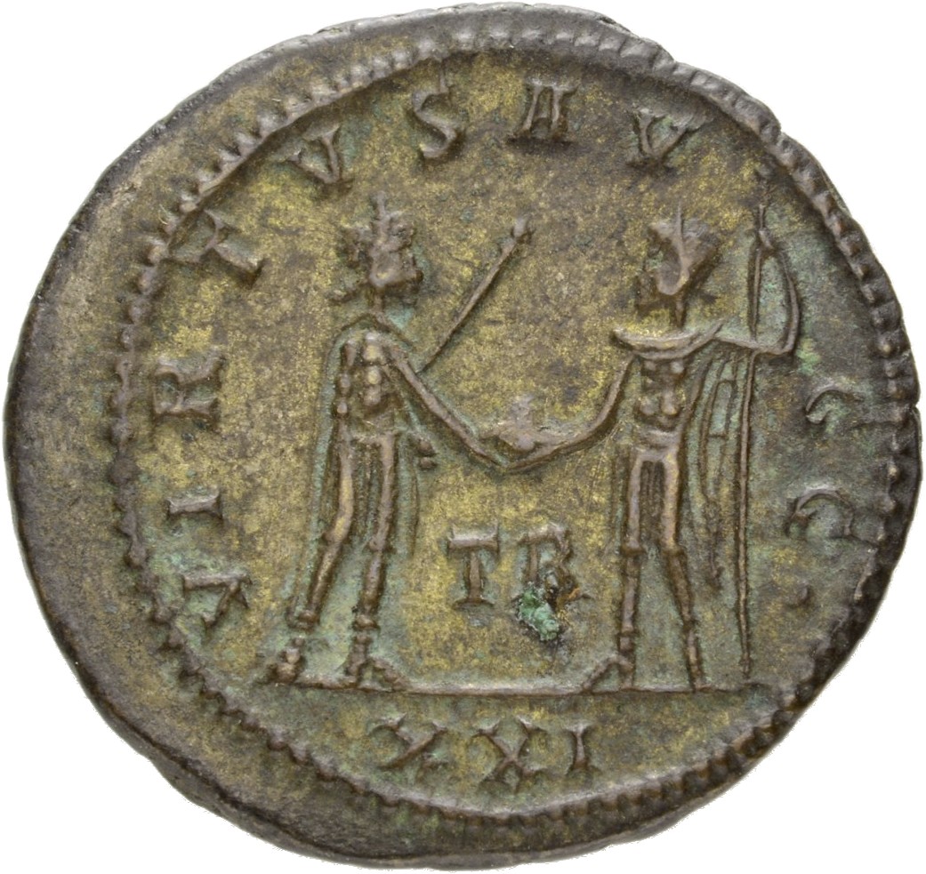 RIC V Carus 209 Carus reverse, Carinus, draped, cuirassed, standing right, holding sceptre in left hand and receiving Vict...