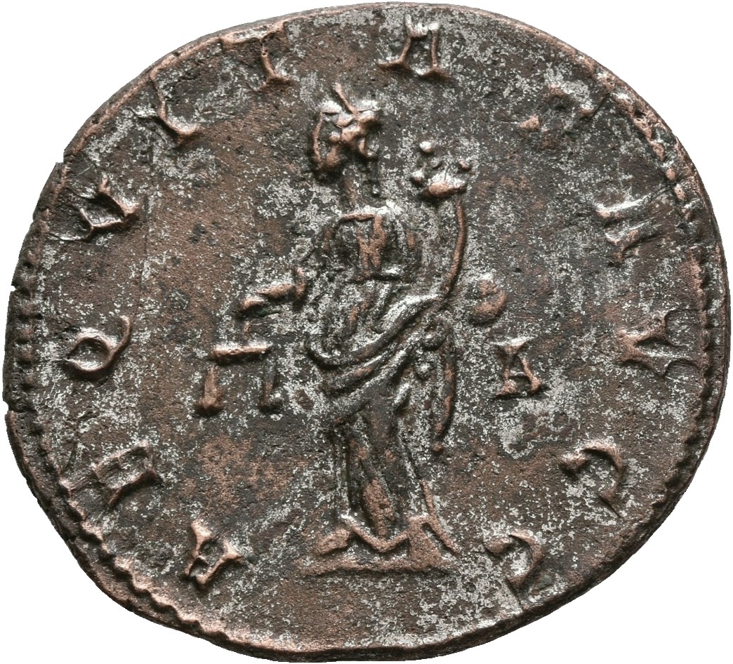 RIC V Carus 212 Carinus reverse, Aequitas, draped, standing left, holding scales in right hand and cornucopiae in left hand