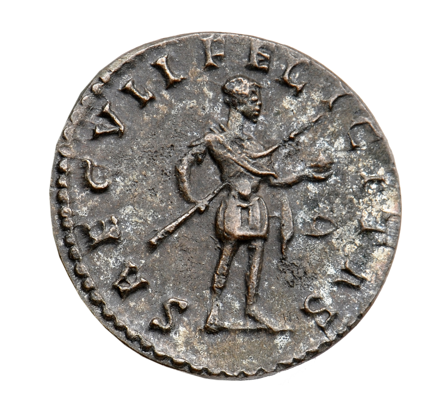 RIC V Carus 214 Carinus reverse, Carinus, draped, cuirassed, standing right, holding spear in right hand and globe in left...