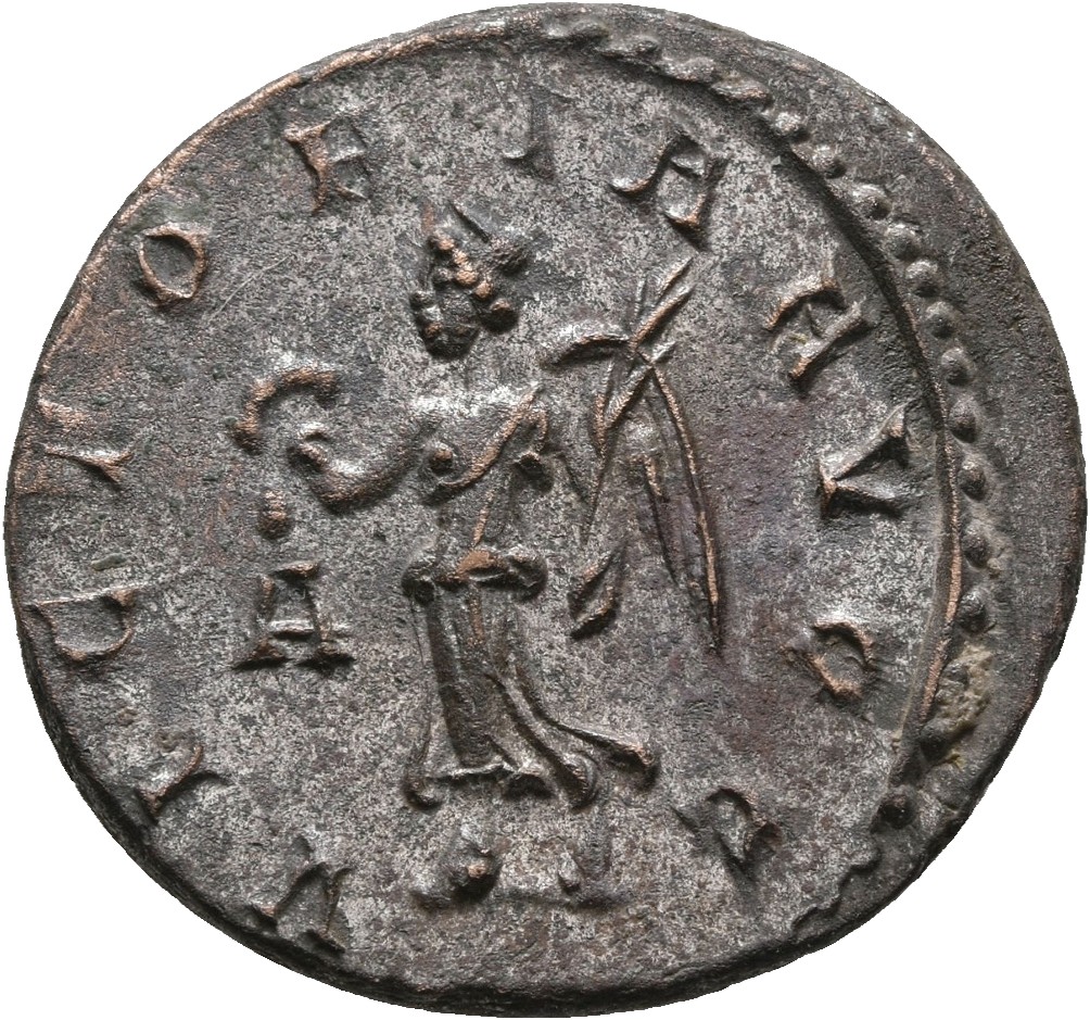 RIC V Carus 220 Carinus reverse, Victory, winged, draped, walking left, holding wreath in right hand and palm in left hand