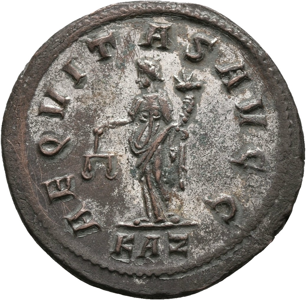 RIC V Carus 239 Carinus reverse, Aequitas, draped, standing left, holding scales in right hand and cornucopiae in left hand