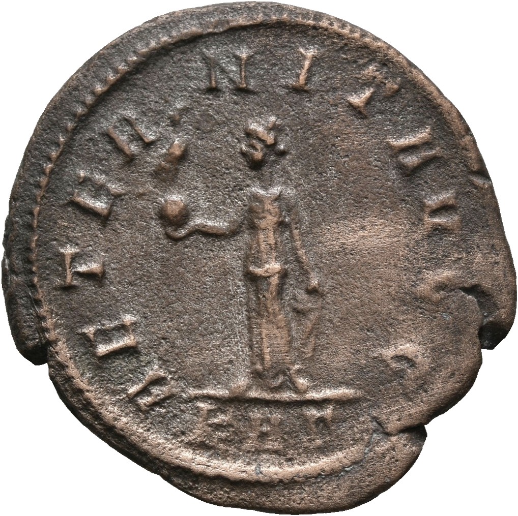 RIC V Carus 247 Carinus reverse, Aeternitas, draped, standing left, holding phoenix on globe in right hand and lifting rob...