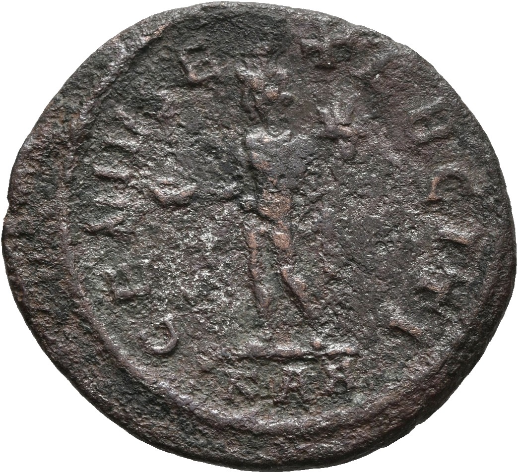 RIC V Carus 256 Carinus reverse, Genius, standing left, holding patera in right hand and cornucopiae in left hand