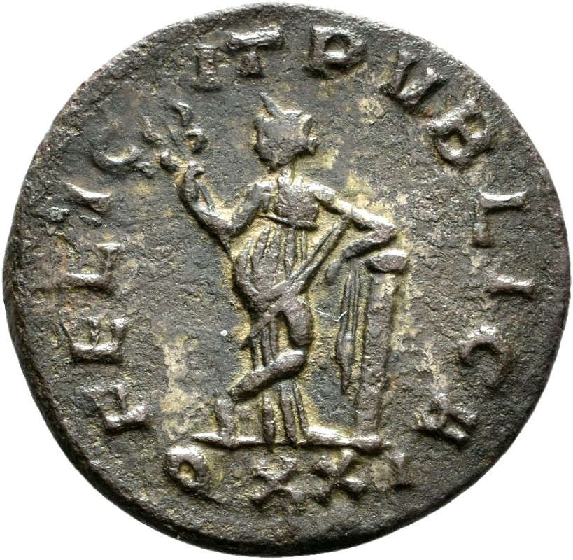 RIC V Carus 295 Carinus reverse — Felicitas, draped, standing left, leaning on column, holding caduceus in right hand; cro...