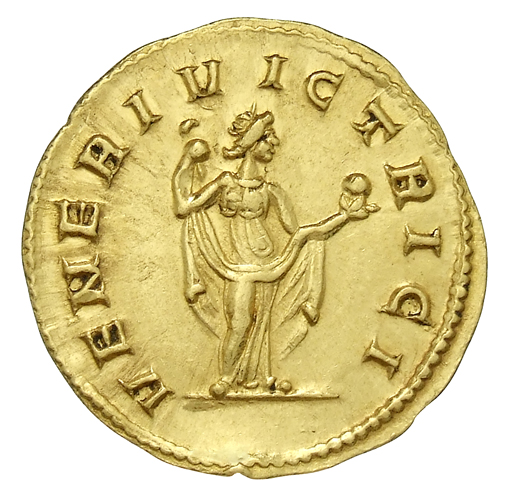 RIC V Carus 340 Carinus reverse, Venus, draped, standing right, raising robe on shoulder with right hand and holding apple...