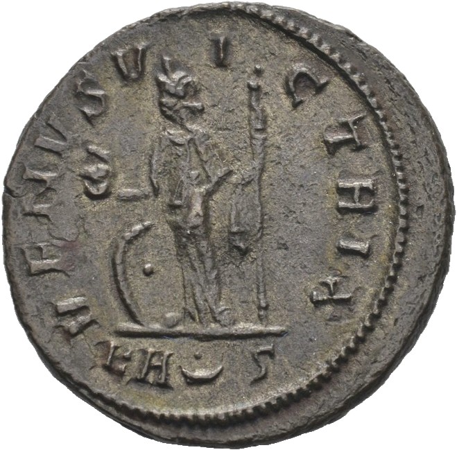 RIC V Carus 343 Carinus reverse — Venus, draped, standing left, holding helmet in right hand and sceptre in left hand; at ...