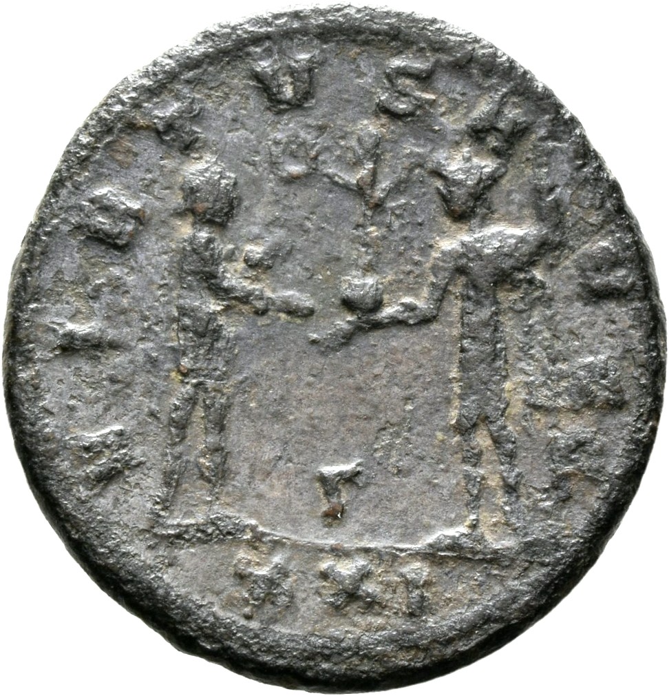 RIC V Carus 377 Carus reverse, Numerian, draped, cuirassed, standing right, holding sceptre in right hand and receiving Vi...