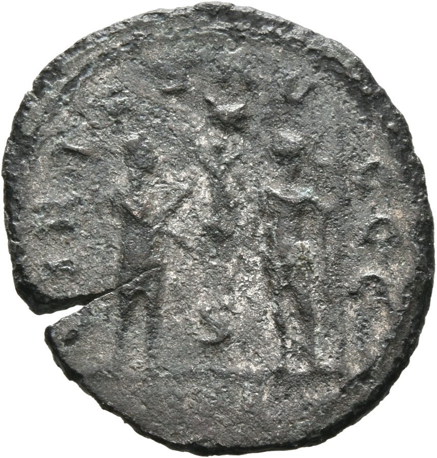 RIC V Carus 378 Carus reverse, Numerian, draped, cuirassed, standing right, holding sceptre in right hand and receiving Vi...
