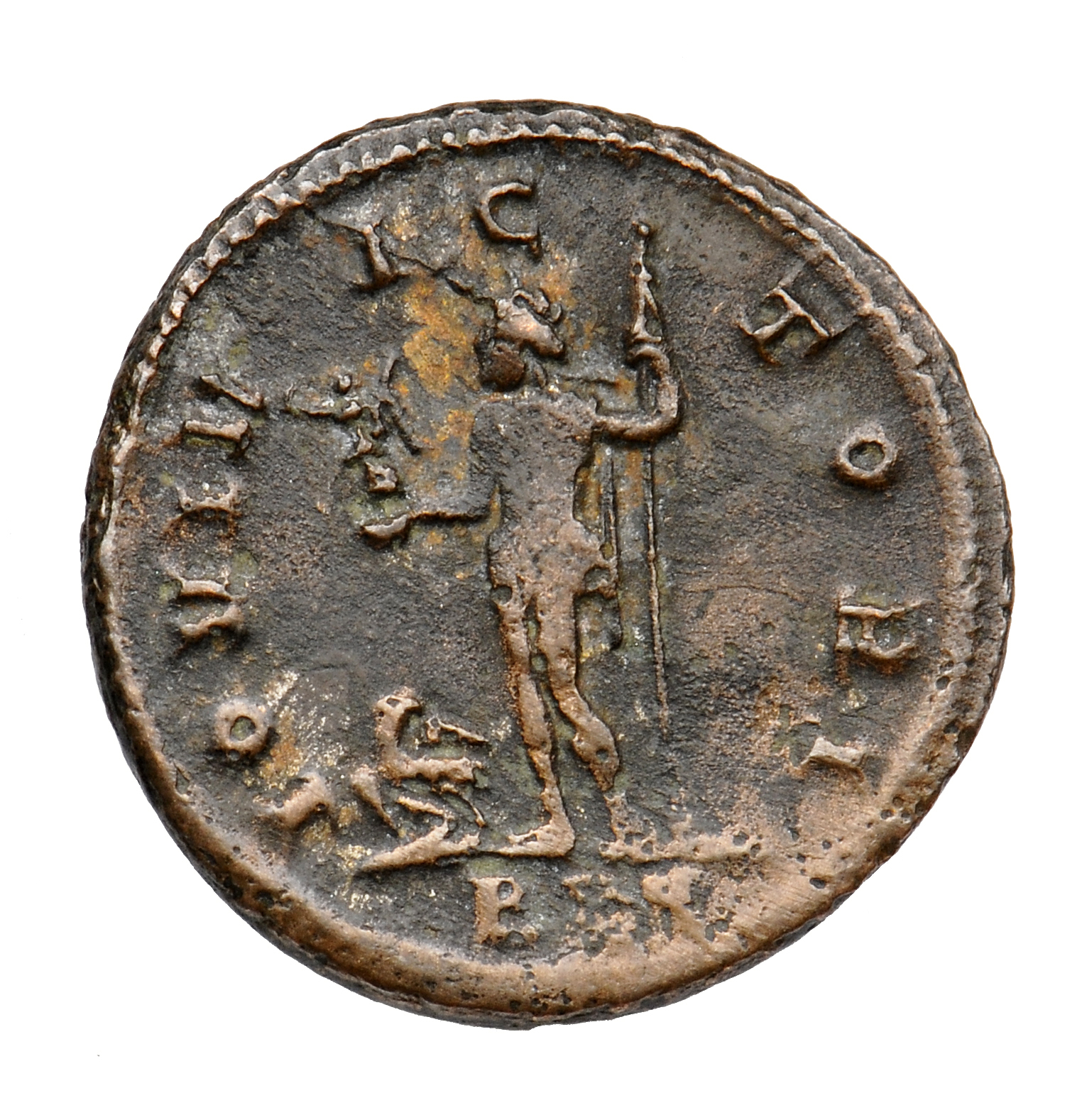 RIC V Carus 38 Carus reverse, Jupiter, standing left, holding Victory on globe in right hand and sceptre in left hand; at ...