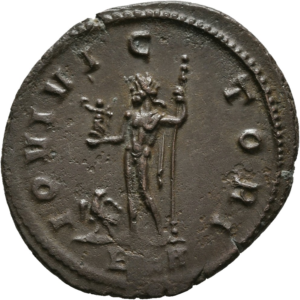RIC V Carus 38 Carus reverse — Jupiter, standing left, holding Victory on globe in right hand and sceptre in left hand; at...