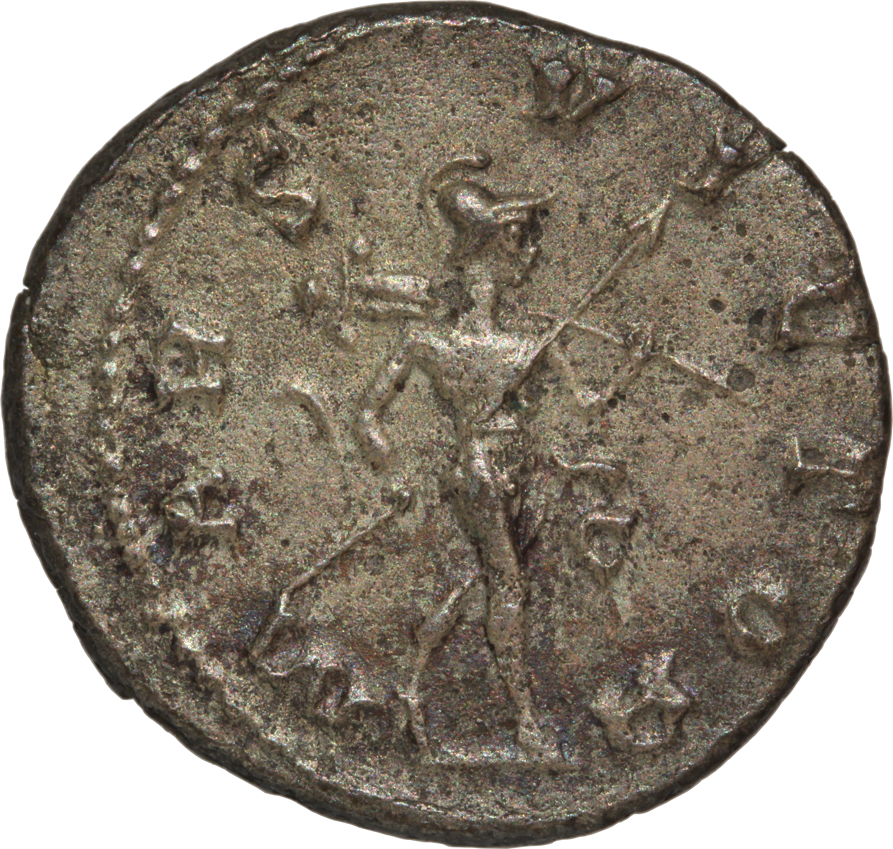 RIC V Carus 388 Carinus reverse, Mars, walking right, holding spear in right hand and trophy in left hand