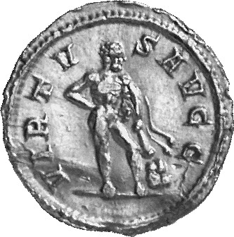 RIC V Carus 408 Carinus reverse, Hercules, standing right, leaning on club with lion's skin on rock