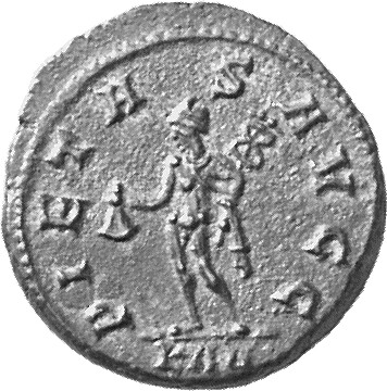 RIC V Carus 413 Carinus reverse, Mercury, standing left, holding purse in right hand and caduceus in left hand