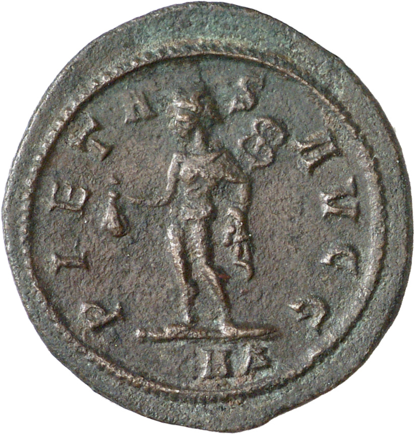 RIC V Carus 416 Carinus reverse, Mercury, standing left, holding purse in right hand and caduceus in left hand