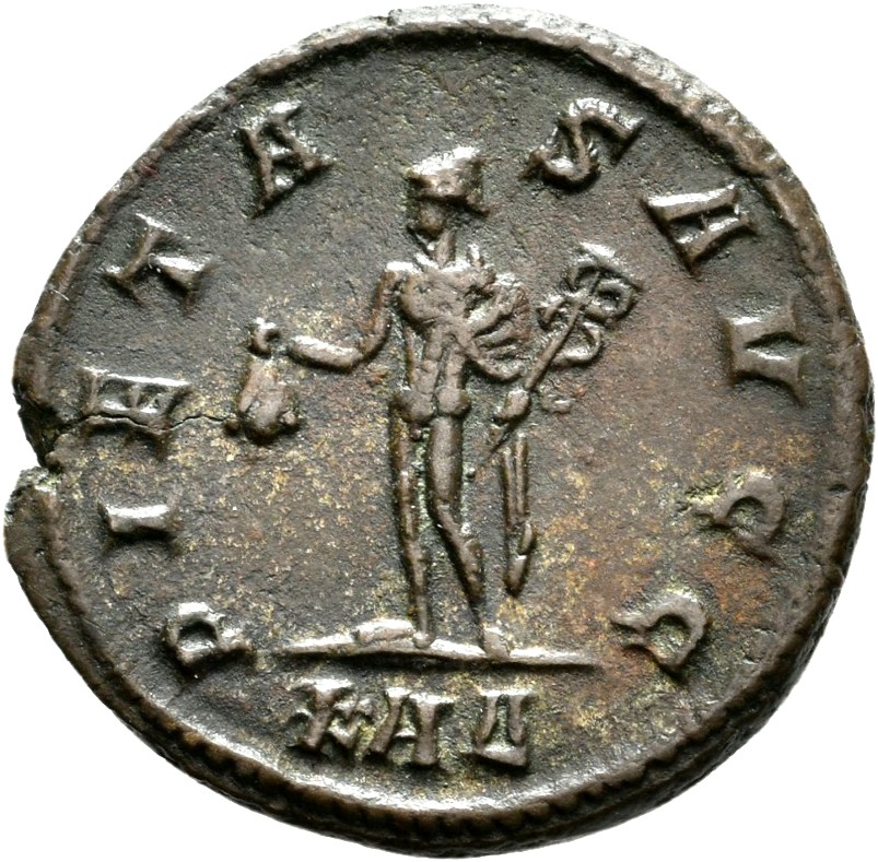 RIC V Carus 416 Carinus reverse — Mercury, standing left, holding purse in right hand and caduceus in left hand