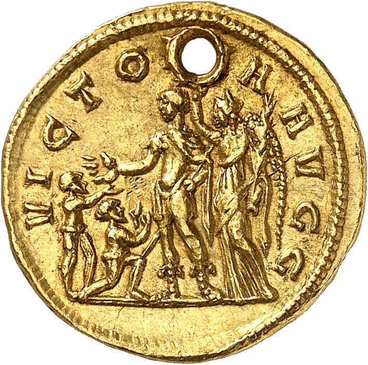 RIC V Carus 443 Carinus reverse, Numerian, draped, cuirassed, standing left; behind, Victory, standing left, crowning him;...