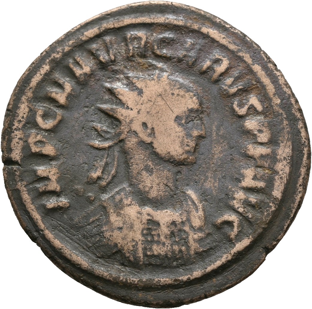 RIC V Carus 45 Carus obverse, Bust of Carus, radiate, cuirassed, right