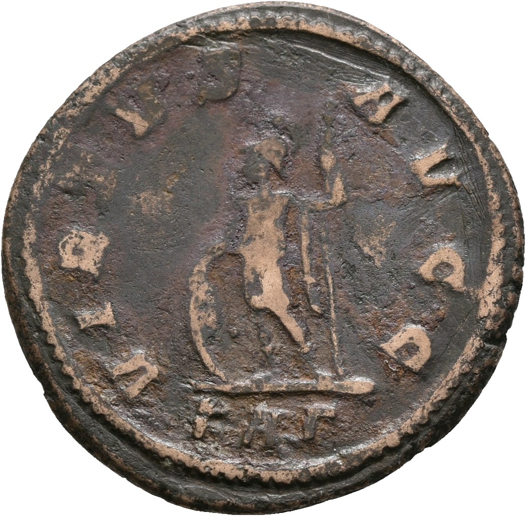 RIC V Carus 45 Carus reverse, Soldier, draped, cuirassed, standing left, leaning on shield with right hand and holding spe...