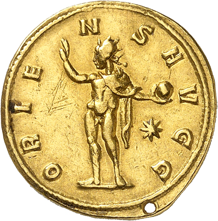 RIC V Carus 454 Carinus reverse, Sol, standing left, raising right hand and holding globe in left hand