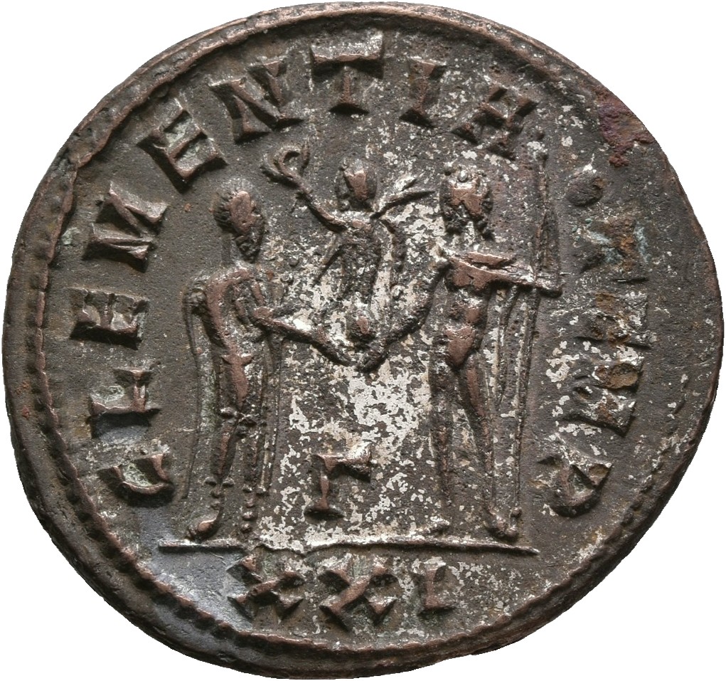 RIC V Carus 463 Carinus reverse, Numerian, draped, cuirassed, standing right, holding sceptre in right hand and receiving ...