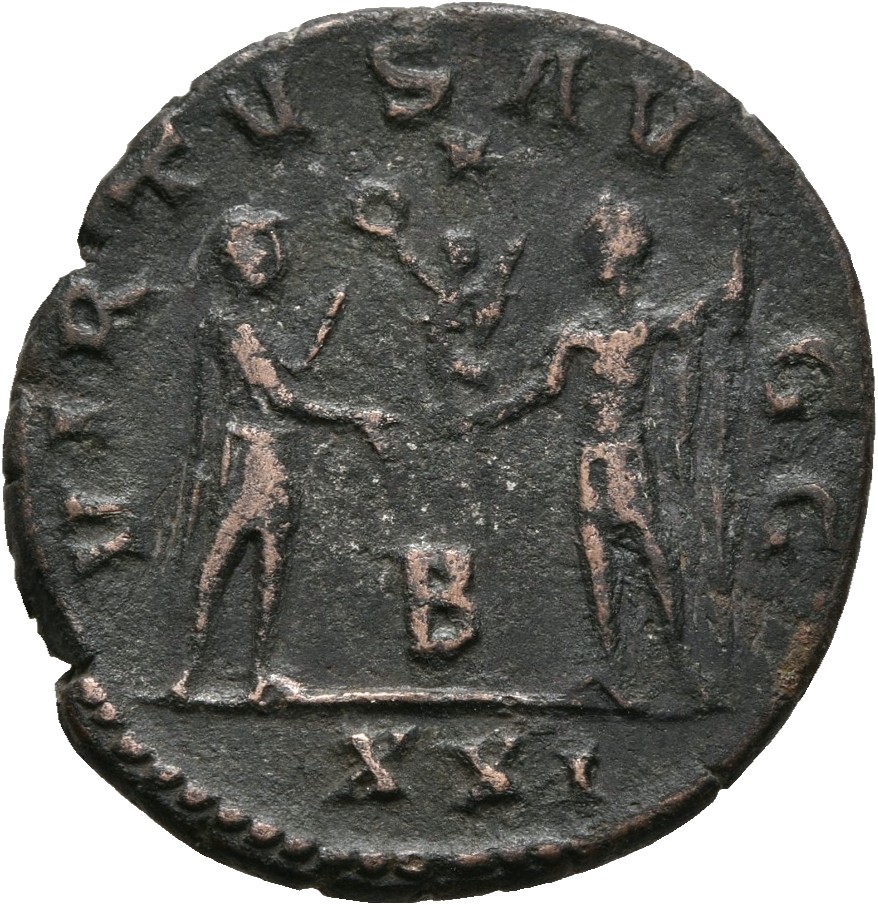 RIC V Carus 466 Carinus reverse, Numerian, draped, cuirassed, standing right, holding sceptre in right hand and receiving ...