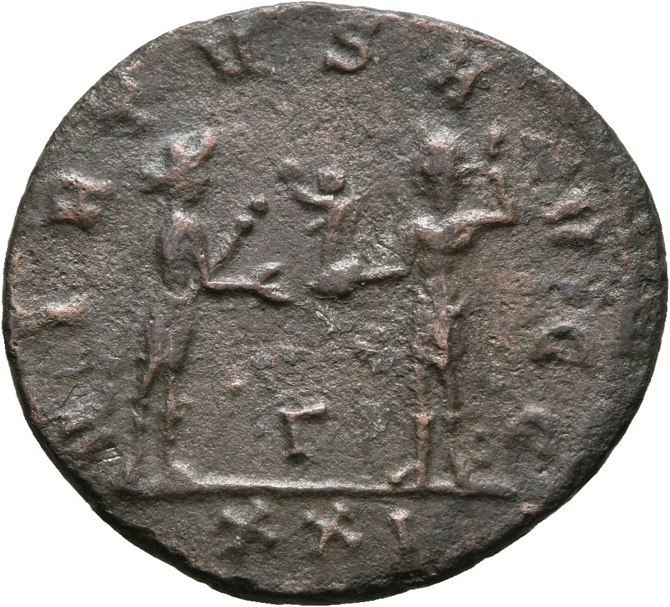 RIC V Carus 467 Carinus reverse, Numerian, draped, cuirassed, standing right, holding sceptre in right hand and receiving ...