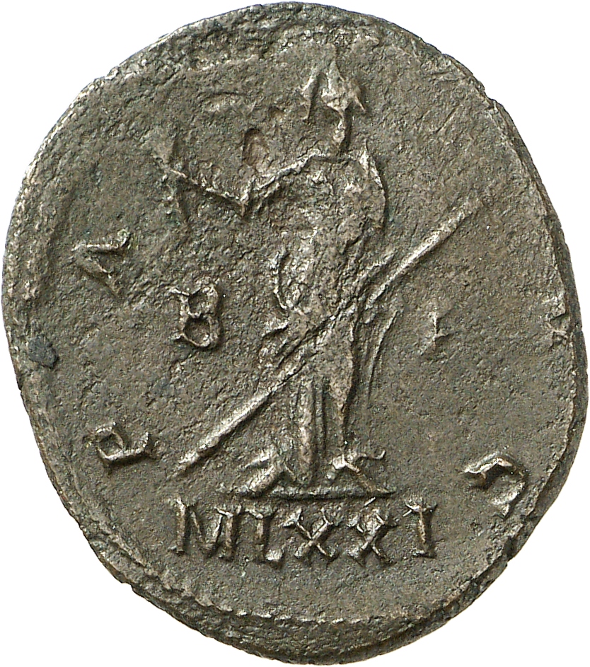 RIC V Carausius 121 Carausius reverse, Pax, draped, standing left, holding olive-branch in right hand and transverse scept...