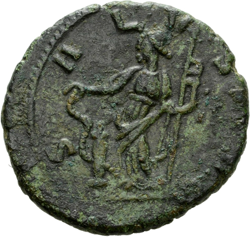 RIC V Carausius 155 Carausius reverse, Salus, draped, standing left, feeding snake rising from altar and holding sceptre