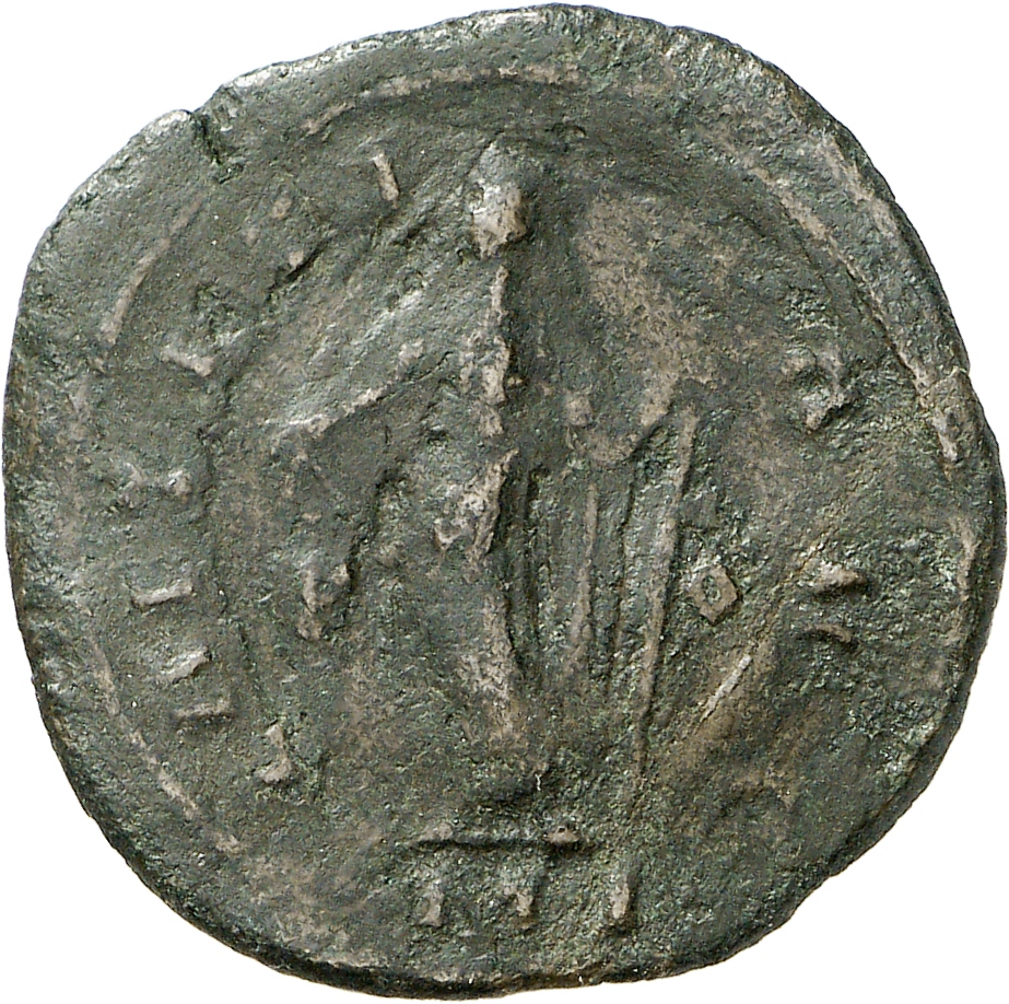 RIC V Carausius 52 Carausius reverse, Laetitia, draped, standing left, holding wreath in right hand and anchor, javelin, o...