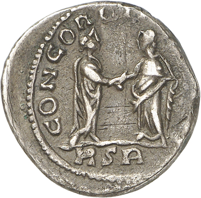 RIC V Carausius 551 Carausius reverse, Carausius, draped, cuirassed, standing right, holding hand of Concordia, standing left