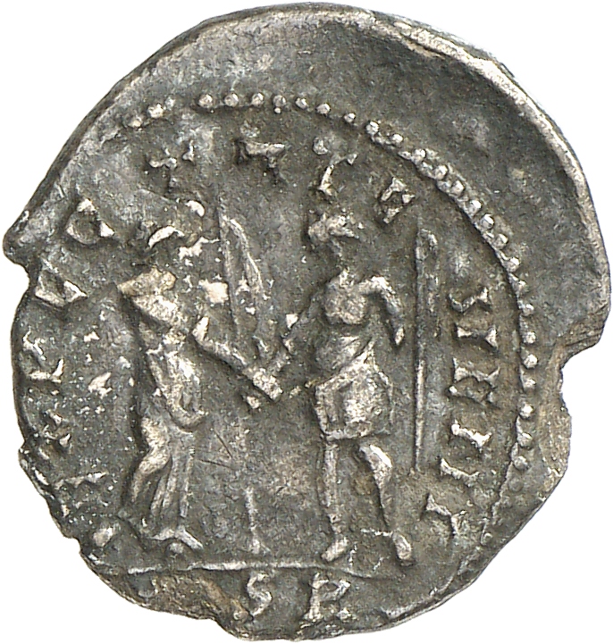 RIC V Carausius 554 Carausius reverse, Britannia, draped, standing right, holding ensign or trident in right hand and clas...