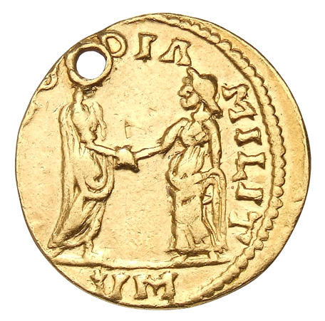 RIC V Carausius 624 Carausius reverse, Carausius, draped, cuirassed, standing right, holding hand of Concordia, standing left