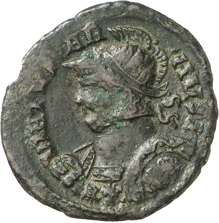 RIC V Carausius 955 Carausius obverse, Bust of Carausius, radiate, helmeted, cuirassed, left, holding spear in right hand ...