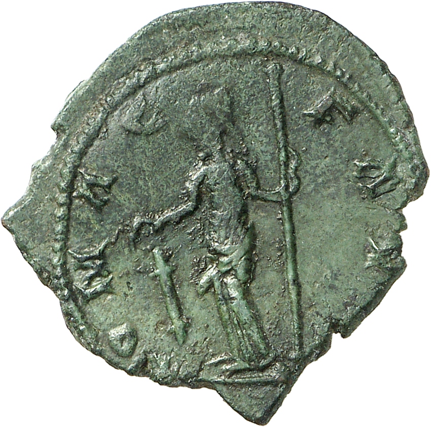 RIC V Carausius 973 Carausius reverse, Roma, helmeted, draped, standing left by altar, holding sceptre