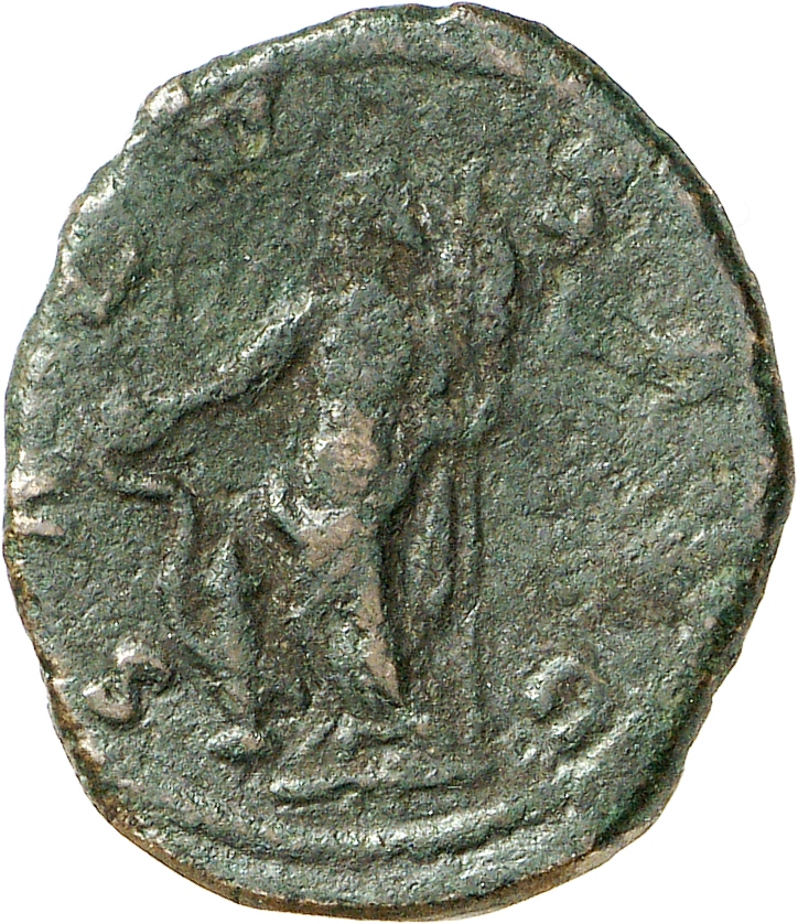 RIC V Carausius 983 Carausius reverse, Salus, draped, standing left, holding sceptre and feeding snake rising from altar; ...