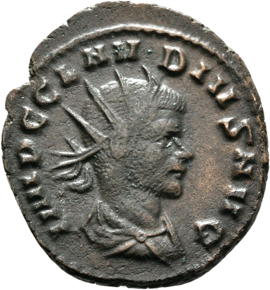 RIC V Claudius Gothicus 104 Claudius II Gothicus obverse — Bust of Claudius Gothicus, radiate, cuirassed, right or head of...