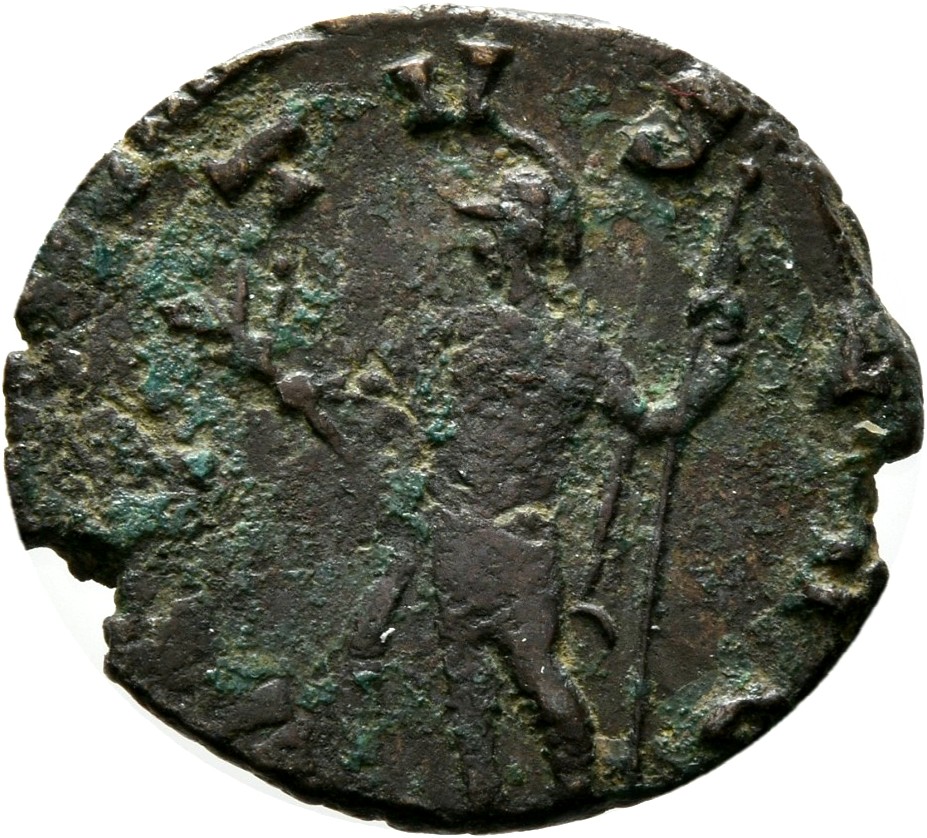 RIC V Claudius Gothicus 109 Claudius II Gothicus reverse — Soldier, helmeted, in military attire, standing left, holding b...