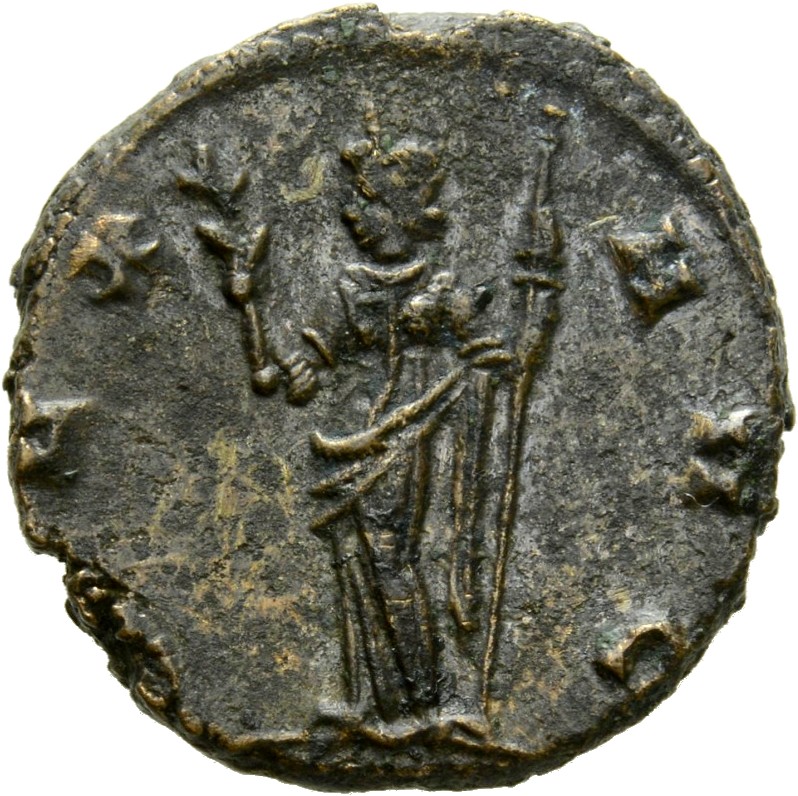 RIC V Claudius Gothicus 156 Claudius II Gothicus reverse — Pax, draped, standing left, holding olive-branch in right hand ...