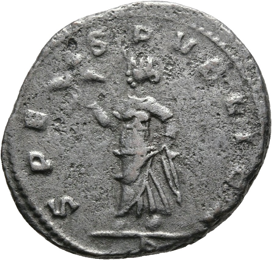 RIC V Claudius Gothicus 168 Claudius II Gothicus reverse — Spes, draped, walking left, holding flower in right hand and ra...