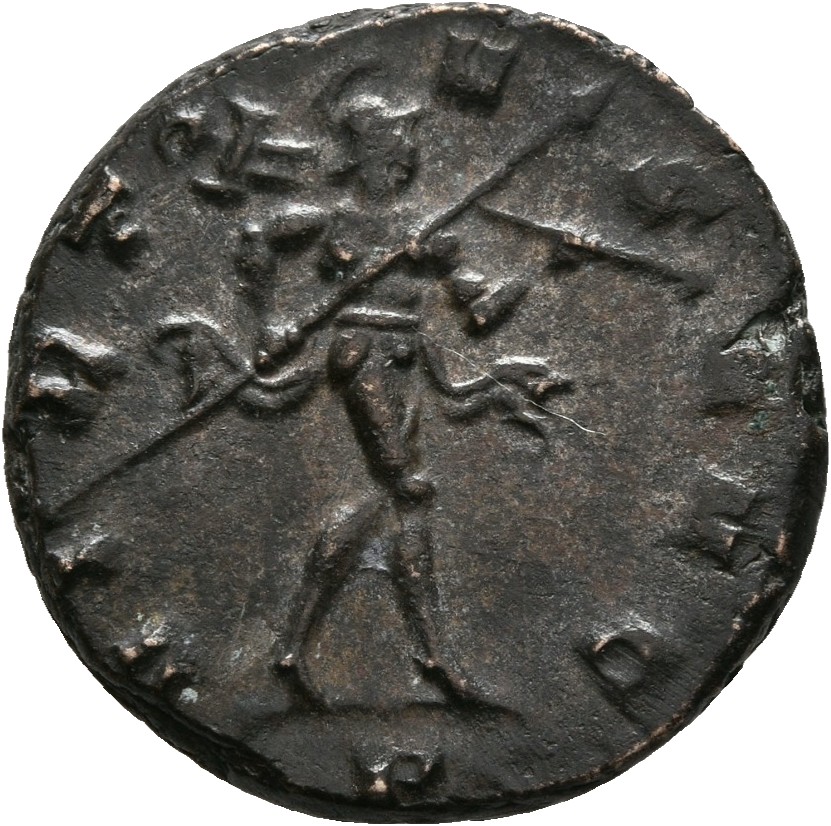 RIC V Claudius Gothicus 172 Claudius II Gothicus reverse — Mars, helmeted, walking right, holding spear in right hand and ...